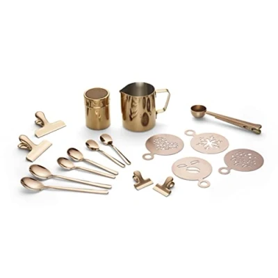 Immagine di ECHTWERK Set di 23 bricchi per schiuma latte da 350 ml cacao, 4 x espresso, cappuccino, macchiato cucchiai, fermagli caffè, pinze EW BA 3502K
