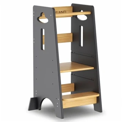 Immagine di COSYLAND Torre Montessoriana da 1 Anno bambini in Legno Più Spesso Torretta con Scala Regolabile a 3 Altezze di Apprendimento(Grigio scuro&amp;Naturale)