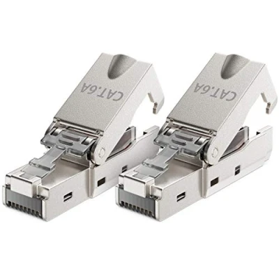 Immagine di deleyCON 2x CAT 6a Connettore di Rete RJ45 Senza Attrezzi con Collegamento LSA per Cavi Rigidi Posa Schermato 10 Gbit/s LAN CAT6a Involucro Metallo