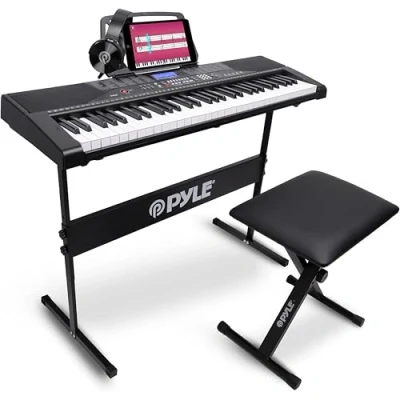 Immagine di Pyle Tastiera Elettronica Digitale a 61 Tasti con Bluetooth, Toni Selezionabili Preimpostati, Display LCD Digitale, Pianoforte Elettrico Karaoke Portatile, Comprende Supporto, Sgabello