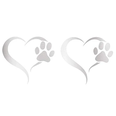 Immagine di Finest Folia Set di 2 adesivi a forma zampa cane e cuore, 10 x 11 cm, per auto, moto, computer portatile, mobili (K017 Argento)