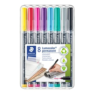 Immagine di STAEDTLER Lumocolor 317 WP8 2 Penna universale permanente, a prova di sbavature e impermeabile, si asciuga in pochi secondi, ricaricabile, spessore tratto 1 mm, 8 pennarelli colori brillanti
