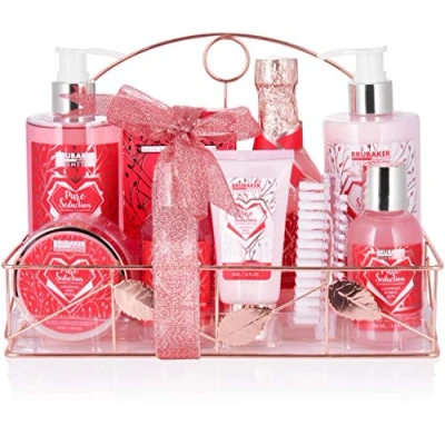 Immagine di BRUBAKER Cosmetics 10 Pz. Set da Bagno e Doccia Champagne Lampone Confezione Regalo di Cura in un Portabagno Metallo Dorato