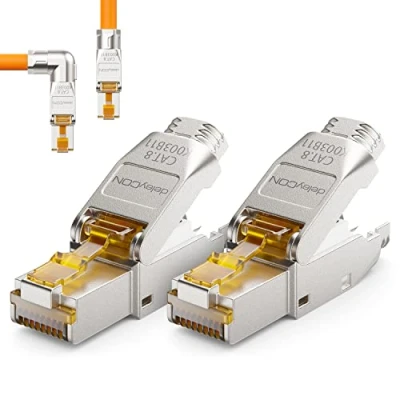 Immagine di deleyCON 2x CAT 8 Connettore di Rete a 90 Angolo RJ45 Senza Attrezzi con Schermatura 40 Gbit/s Spina per la Posa Rigidi Cavi Grezzi Ethernet LAN Cavo Patch DSL