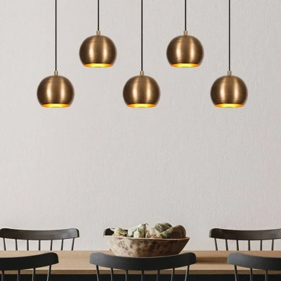 Immagine di Lampada da soffitto 5 palle in fila, altezza a scatti Poculus metallo oro antico Menzzo