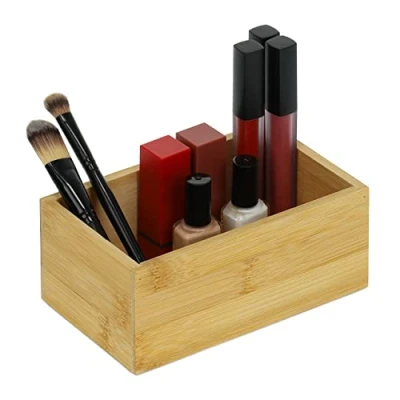 Immagine di Relaxdays Organizer in bambù, Contenitore Portaoggetti, Cucina e Bagno, HLP6, Porta Trucchi, Color Naturale, 90% 10% Fibra, 6,5x16,5x10 cm
