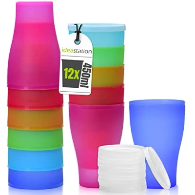 Immagine di idea station Neo Bicchieri Plastica 12 x 450 ml colorati con Coperchio Cocktail infrangibile riutilizzabile Set Acqua ideale per compleanno e campeggio