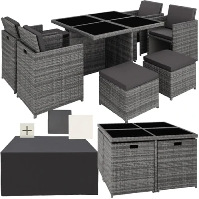 Immagine di tectake® Set di Mobili da Giardino, Arredo Resistente Rattan Sintetico, Alluminio, d Arredo, 4Sedie, Tavolo, 4Sgabelli, Involucro Protettivo Grigio