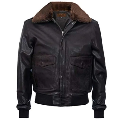 Immagine di Infinity Leather Uomini A2 Marrone Nappa Bomber Giacca in Pelle con Collo Montone Staccabile XS