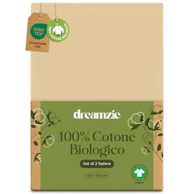 Immagine di Dreamzie 100% Cotone Biologico Federe Cuscino Letto 40x40 cm Set da 2 Beige con Zip Oeko Tex