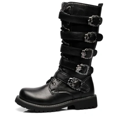 Immagine di Stivali da Moto Punk Rock Uomo a metà Polpaccio con Fibbia in Metallo retrò Militari Stringati Morbida Pelle Sintetica Suola Resistente,Nero,44 EU