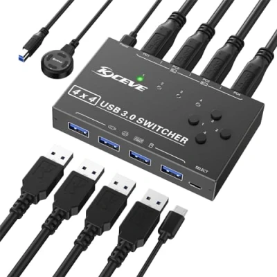 Immagine di switch USB 3.0 4 computer, selettore a porte Condivisione di dispositivi USB, mouse, tastiera, scanner, stampante, PC Compatibile Con Mac/Windows/Linux. telecomando cablato