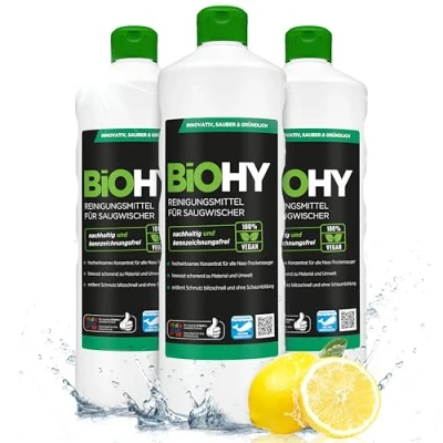 Immagine di BiOHY Detergente per scopa aspirante (3 bottiglie da 1l) Concentrato 1:200 aspiraliquidi ideale piastrelle, PVC, parquet e moquette ecologico (Saugwischer)