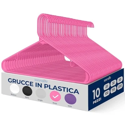 Immagine di SereneLife Set di 10 grucce in plastica, antiscivolo, resistenti, con gancio girevole a 360, finitura liscia per proteggere il tessuto, leggere, ultra sottili, cappotti e altri vestiti (rosa)