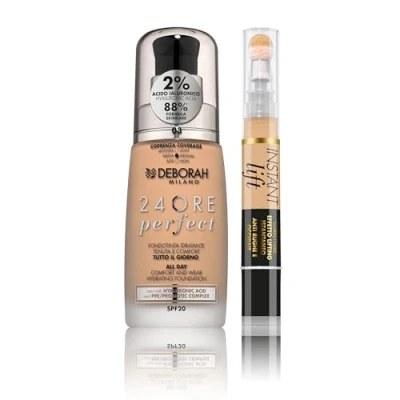 Immagine di Deborah Milano Set Make up Fondotinta Liquido 24 Ore Perfect, SPF 20, N.3 Caramel Beige, con Acido Ialuronico, 30ml e Correttore Instant Lift, N.3.1 Nude, Effetto Illuminate Antirughe, 4.2gr