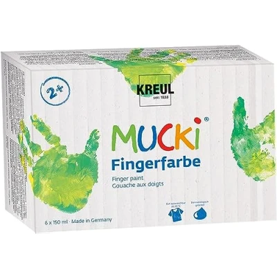 Immagine di KREUL 2316 Mucki Set di 6 Colori a dita da 150 ml Vernice vegana senza parabeni, glutine e lattosio Lavabile applicabile con dito pennello brillanti