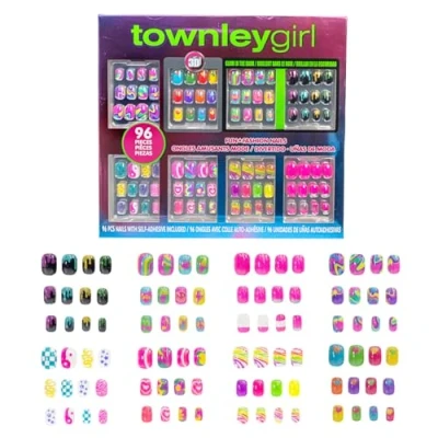 Immagine di Townley Girl 96 Unghie a Pressione Set di Finte Artificiali Glow In Dark per Bambini con Kit Punte Acriliche Copertura Completa Pre colla, Pigiama Party e Makeover