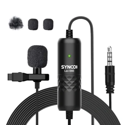Immagine di SYNCO Lavalier Microfono Omnidirezionale Clip On Microphone con protezione dal vento, 3,5 mm TRS/TRRS 6 metri per Smartphone Cellulare iPhone Android Huawei Samsung, PC Laptop Camera DSLR Lav S6E
