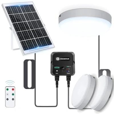 Immagine di Aigostor Plafoniera LED Solare 70W con Sensore di Movimento e Scatola Accumulo Energia, Telecomando, IP65 Impermeabile, Regolabile 6500K, Cavo 8M, Esterno Interni, 2 pcs
