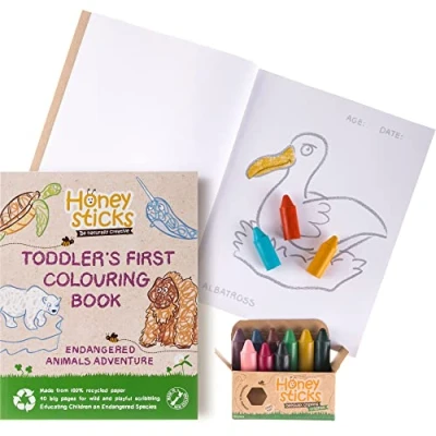 Immagine di Honeysticks Pastelli a cera d&#039;api 100% naturale, non tossici, sicuri per bambini, bambini e realizzati mano in Nuova Zelanda, 1 anno più (12 confezioni con libro da colorare)