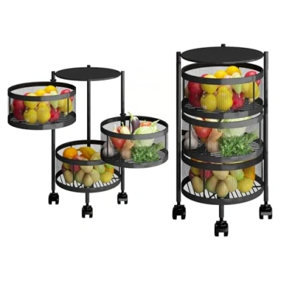 Immagine di Avilia Carrello Richiudibile con 3 Cestelli e Ruote Ø30cm Nero Multiuso per Cucina, Bagno o Ufficio, Struttura Salvaspazio Ripiani Capienti Meccanismo Pieghevole