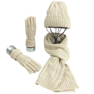 Immagine di Set Inverno per Donne, 3 Pezzi di Sciarpa Guanti Cappelli Uomo, Berretto Cappello Maglia con Berretti in e Manopole Sciarpe Stole, Morbidi Caldi, Unisex Beige