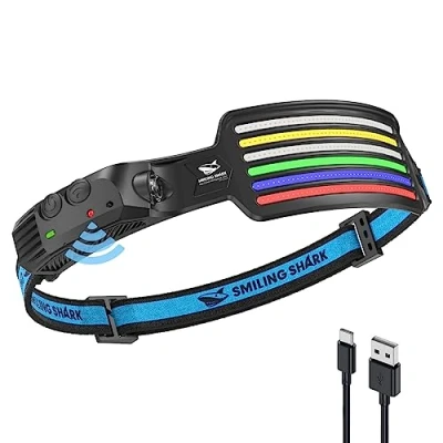 Immagine di Smiling Shark Torcia Frontale LED, 6*Strisce Luce Luminose Bianche Rosso Blu Verde Brillante Lampada Frontal Ricaricabile Faro Impermeabile Campeggio Outdoor, LED Camping