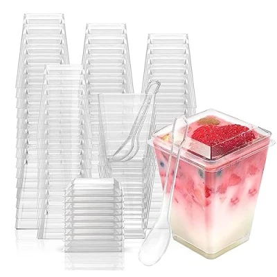 Immagine di PALUDO 50 Pezzi Mini Tazze da Dessert con Coperchi e Cucchiai, 150ml Coppette in Plastica, Riutilizzabile Bicchierini Trasparente per Budino Mousse Matrimoni Feste