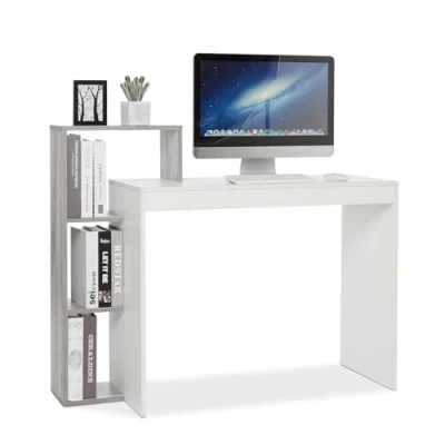 Immagine di Mondeer Scrivani, Scrivania per Computer con Ripiani a 3 Livelli, Salvaspazio, Ufficio Domestici Postazioni di Lavoro Camera da Letto Studio, 110 x 40 92 cm, Bianco e Grigio