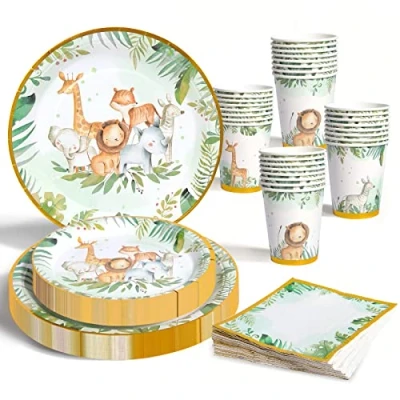 Immagine di Set da Tavola per Feste a Tema Jungle Safari, Piatti Safari Compleanno, Stoviglie in Carta Serve 24 Ospiti, di Animali, Carta, Tovaglioli Compleanni, Baby Shower