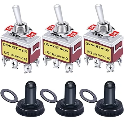 Immagine di Taiss 3 pezzi Interruttore a Levetta Posizioni DPDT ON/Off/ON 6 Pin Metallo Bilanciere 10A 220V 250V AC con Cappuccio Impermeabile,per Auto,Camion,Barca Ten 1322