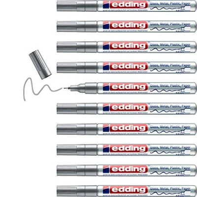 Immagine di edding Pennarello lucido 780, colore argento, 10 pezzi, punta rotonda extra fine da 0,8 mm, per vetro, ciottoli, legno, plastica, carta, impermeabile, ad alta copertura