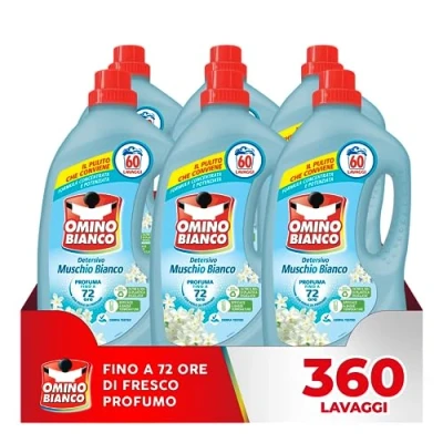Immagine di Omino Bianco Detersivo Lavatrice Liquido, 360 Lavaggi, Rispetta Colori e Tessuti, Fresco Profumo con Essenza di Muschio Bianco, 2400 ml x 6 Confezioni