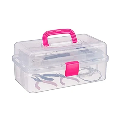 Immagine di Relaxdays, 14x33x19,5 cm, Rosa Scatola Trasparente Plastica, 9 Scomparti per Oggetti, Maniglia e Chiusura A Scatto