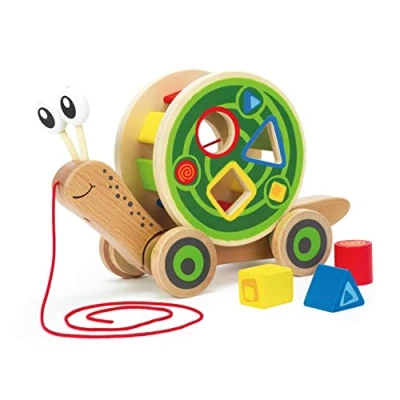Immagine di Hape Walk A Long Snail Pull Toy ,Award Winning Toddler Wooden Push and with Removable Colour Coded Shape Sorter Shell, Fun Educational for Kids
