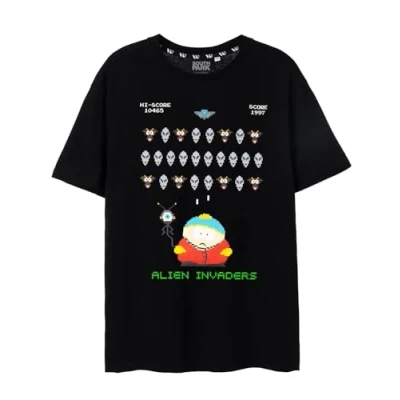 Immagine di South Park Cartman 8 Bit Alien Invasion Men&#039;s Black T Shirt Hilarious Retro Gaming Graphic Tee Pixelated Laughs Included Short Sleeved &amp; Comfortable for Him