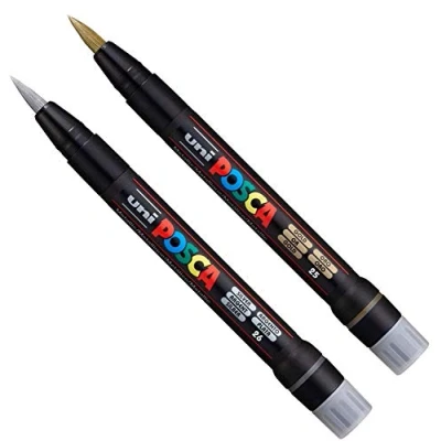 Immagine di Uni Posca PCF 350 Pennarello per pittura a pennello, in tessuto, vetro, metallo, set oro + argento (1 di ciascuno)
