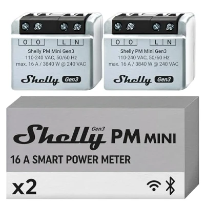 Immagine di Shelly PM Mini Gen3 Confezione de 2, Misuratore di consumo intelligente, Wi Fi e Bluetooth, 1 canale 16A, Telecomando, Applicazione iOS Android, Nessun hub richiesto