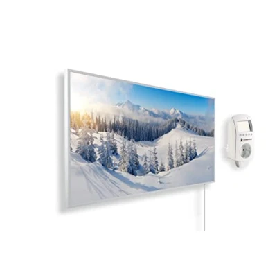 Immagine di Riscaldatore a infrarossi Könighaus 800 Watt + termostato smart e APP una stufetta elettrica basso consumo Cornice bianca (07. Paesaggio innevato)