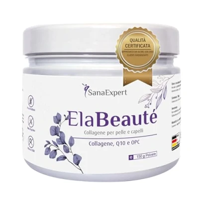 Immagine di SanaExpert ElaBeauté, Collagene Verisol Integratore Vitaminico con Q10, Biotina, Zinco e Estratto di Semi d&#039;Uva Sapore Ciliegia Idrolizzato Puro, (150g) Fabbricato in Germania