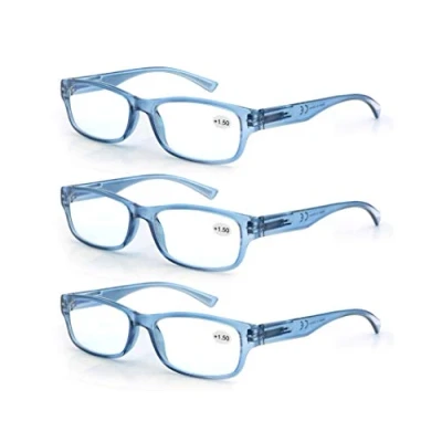 Immagine di MODFANS Confezione da 3 Occhiali Lettura 2.5 Presbiopia Uomo Donna, Lente Trasparente Montatura Rettangolare Cerniera a Molla Leggera Classico Comodo Blu