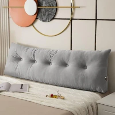 Immagine di GeRRiT cuscino a cuneo per testiera del letto, letto singolo, king e queen size, con tasca laterale, lungo di supporto la schiena (grigio chiaro, 120 x 40 12