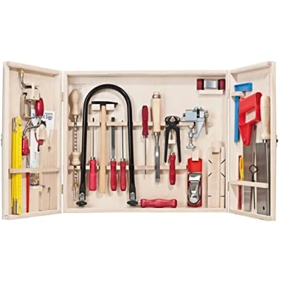 Immagine di Pebaro 419A armadietto professionale per seghetto, 31 pezzi, set completo in legno, utensili acciaio, curvo traforo realizzato Germania, trapano, fai da te con seghe
