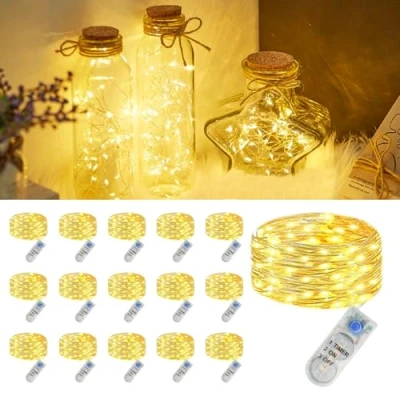 Immagine di 16 catene di luci a LED con batteria CR2032, IP65, impermeabili, timer, 2 m, 21 LED, mini catena luminosa per interni, esterni, decorazione natalizia, bianco caldo