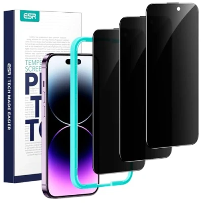 Immagine di ESR 3 Pezzi Pellicola Vetro Privacy per iPhone 14 Pro Max, Bordi curvi, Compatibili con le custodie, Protezioni lo Schermo