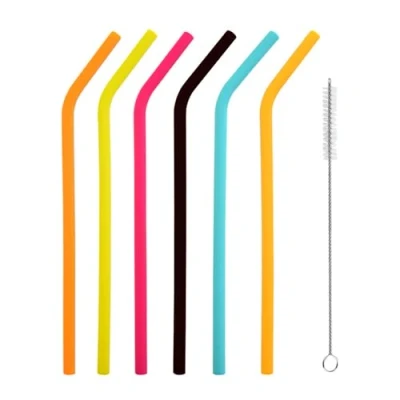 Immagine di iJiGui 6 Cannucce Riutilizzabili Colorate in Silicone, Silicone Ecologico, con Spazzola, 0,8cm di Diametro, Bambini, per Latte, Succhi, Yogurt (6 Curve)