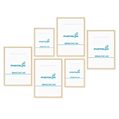 Immagine di PHOTOLINI Set di 6 cornici per poster legno MDF naturale, 4x A3 e 2x A4, plexiglass infrangibile, da parete, accessori inclusi foto, immagini