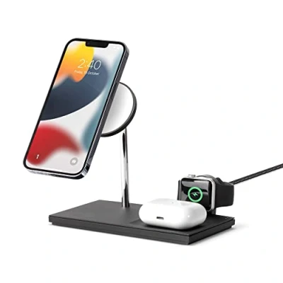 Immagine di Native Union Caricatore magnetico 3 in 1 Snap iPhone 16, 15, AirPods Pro 2 &amp; Apple Watch 10, Ultra Puck orologio staccabile, USB C extra Angolo regolabile, LED discreto.