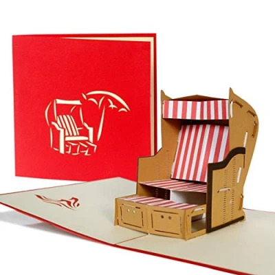 Immagine di carta di 3D Pop Up Vari motivi Taglio laser Fatto a mano invito Compleanno Congratulazioni Battesimo Festa Anniversario Grazie Ringraziamento, Strandkorb, B14