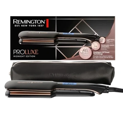 Immagine di Remington Piastra Capelli Proluxe Midnight Wide Plate, Piastre in ceramica Ultimate Glide, 9 impostazioni di Temp. 150 230C,Tecnologia intelligente OPTIheat, S9150B